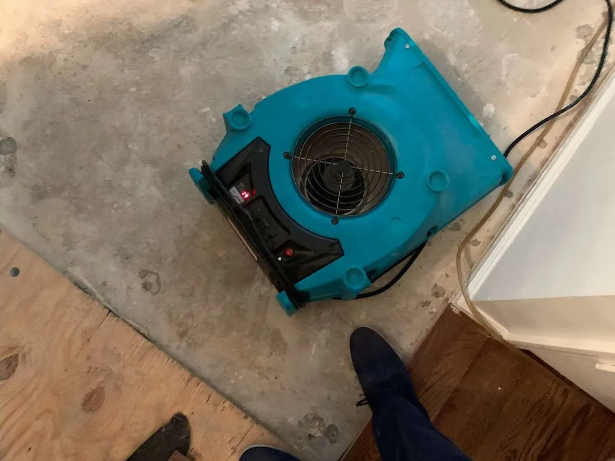Air mover drying subfloor during Leak Detection & Repair in Steger